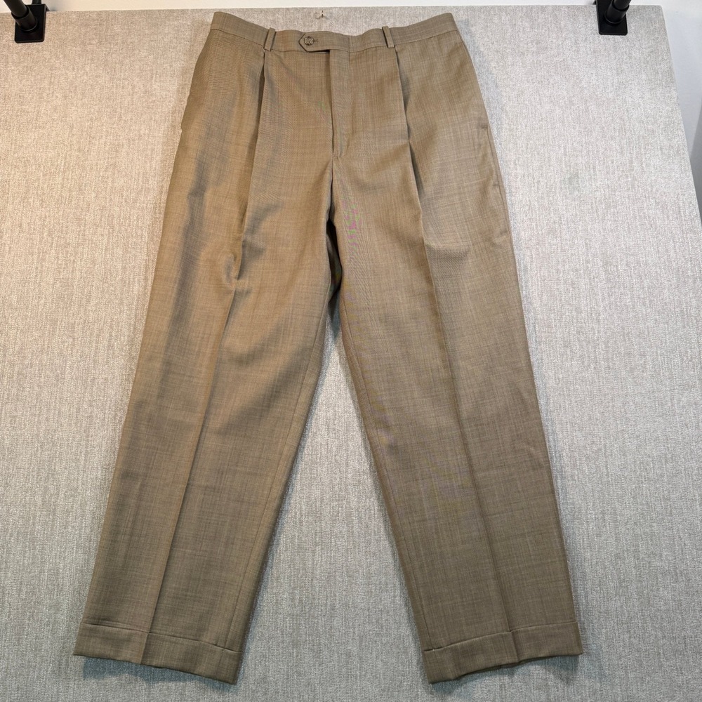 Tasso Elba Mens Pleated Wool Dress Pants Tan Cuffed 32x29 Pure New Wool